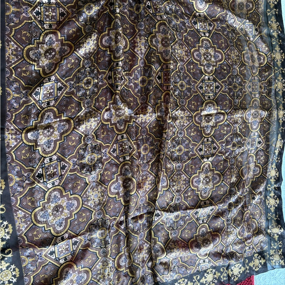 All silk 41” Anne Klein Elegant Brown and Gold Patterned Scarf
